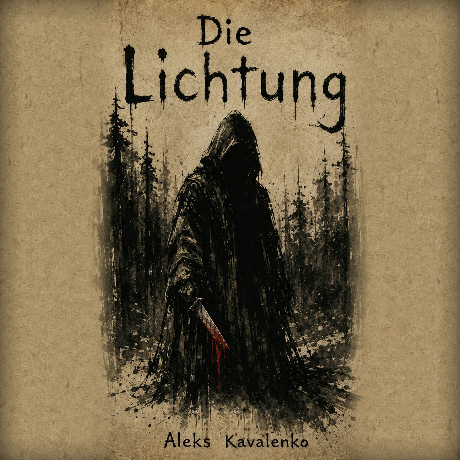 Hörbuch-Cover von Die Lichtung: eine Gestalt in Kapuze mit blutigem Messer vor einem Wald in Tusche