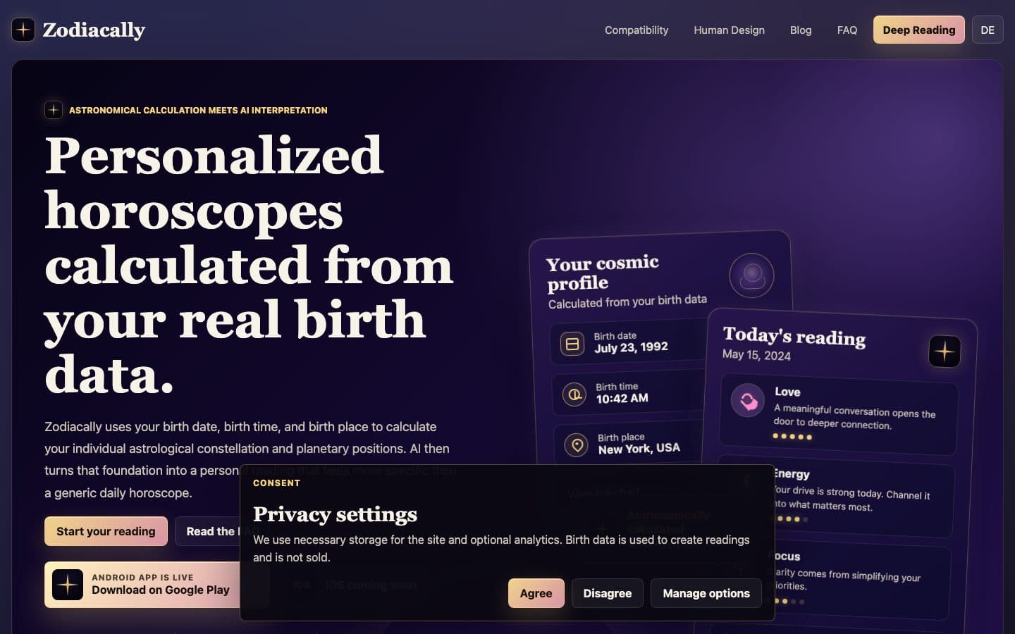 Screenshot von Zodiacally.com